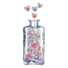 Transparent glass bottles with pearl multicolor hearts. Watercolor illustration of love potion for Valentine's day, wedding, interior decor, aromatic oils for aromatherapy, alcohol, alchemy, cooking
