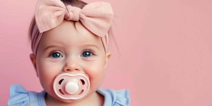 A baby girl with a pink headband and pacifier, smiling sweetly against a pink background, looking adorable.