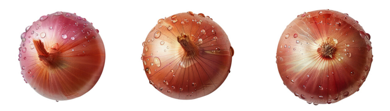Three fresh red onions with water droplets arranged in a row on a white surface, perfect for cooking or healthy eating themes.