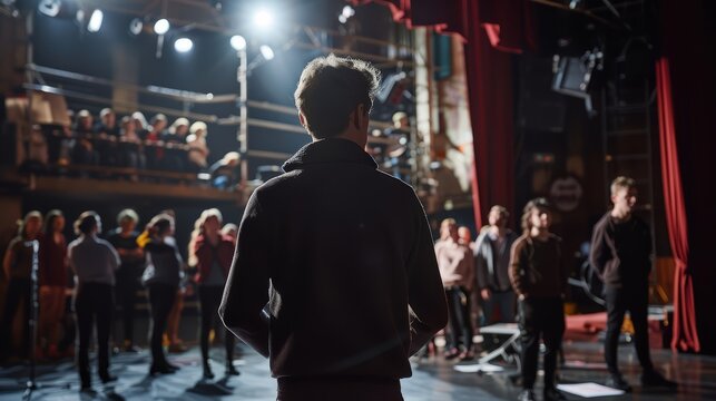 A stage director giving instructions to cast members during a dress rehearsal