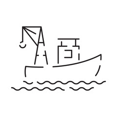 Minimal fishing icon of outdoor recreation including line, lure, lake, boat, dock, hook, pole, reel, worm, tackle box and clothing such as waders and a vest