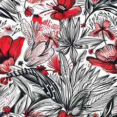 Detailed Botanical Line Art Pattern with Red and Black Elements
