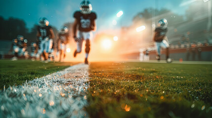 High School Football Team Running onto Field for Friday Night Lights Game Back to School Concept