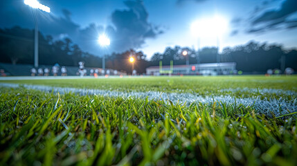 Dewy Football Field at Night With Players Practicing Back to School Concept