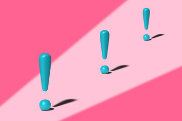 Blue exclamation mark with shadow on a pink background, 3D rendering illustration