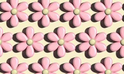 Pink daisies with shadow on a yellow background, pattern, 3D rendering illustration