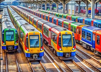 Fototapeta premium Row of colorful regional trains standing side by side on parallel railway tracks, showcasing varying liveries and sleek designs in a busy transport hub.