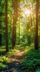 A serene forest path with sunlight filtering through the trees, perfect for a mindful walk.