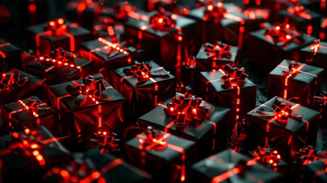 Animation  BLACK FRIDAY gift background on black ,  rel ribbon, glowing present box, retail promotions, discount events and social media marketing Big sale offer