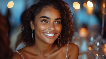 Fototapeta premium A charming woman with curly hair and a bright smile is captured enjoying a dinner setting, characterized by a warm atmosphere and modern, elegant decor.