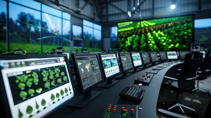 Obraz premium A large room with many computer monitors and chairs control agricultural