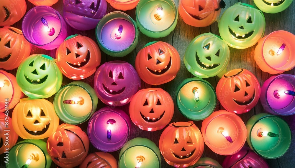 Wall mural colorful candles with the essence of halloween - pumpkin patch with abstract shapes of pumpkins, and