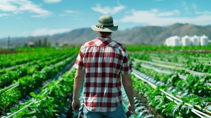 Fototapeta premium A man in a plaid shirt walks through a field of green plants