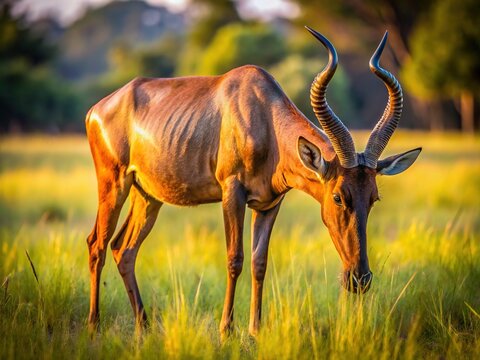 Close up of a common tsessebe or sassaby (Damaliscus lunatus lunatus) grazing in Savanna of Moremi Game Reserve of South africa.