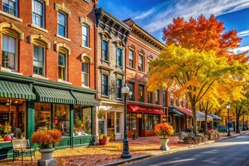 Obraz premium Vibrant autumn foliage surrounds historic brick buildings adorned with colorful storefronts, ornate facades, and charming signs, evoking nostalgic Americana on a crisp, sun-drenched day.