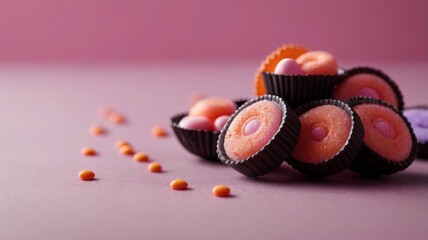 Assorted Halloween candies on a pink surface.