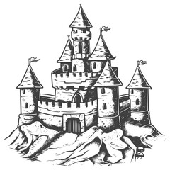 Obraz premium Hand-Drawn Fairytale Castle on Rocky Hilltop, Black and White Illustration