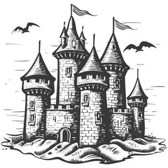 Obraz premium Hand-Drawn Fairytale Castle on a Misty Island with Flying Bats