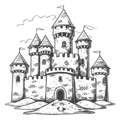 Obraz premium Hand-Drawn Sketch: Majestic Stone Castle on Sandy Knoll