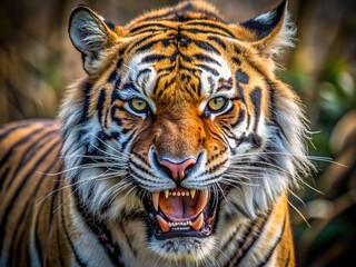 Fototapeta premium Fierce tiger bares sharp fangs, ears perked, eyes blazing, muscles tensed, ready to pounce, showcasing powerful dominance in a dramatic, intense, wildlife confrontation scene.
