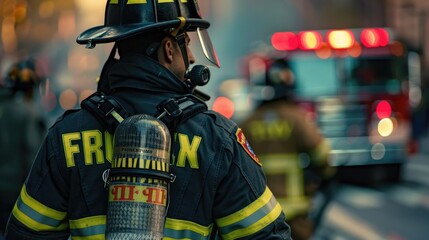 City firefighter, close-up from the back, focus on uniform, [fireman city], [urban emergency]