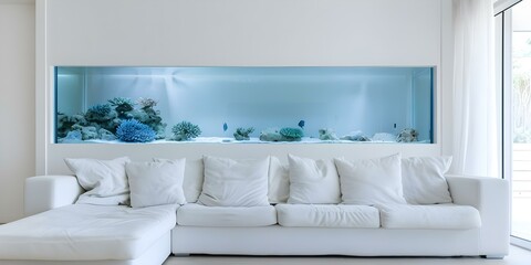 Luxury Real Estate A Modern Living Room with Integrated Aquarium. Concept Luxury Real Estate, Modern Living Room, Integrated Aquarium