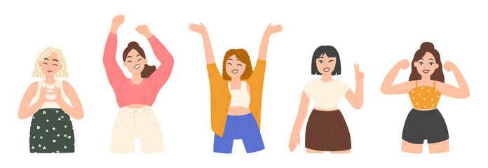 A set of happy women in a flat cartoon style isolated on a white background.