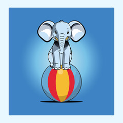 cute Circus Elephant standing on a ball, blue background, vector