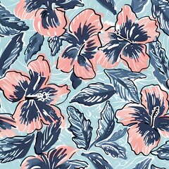 Blue and Pink Hibiscus Flower with Tropical Leaves Seamless Design