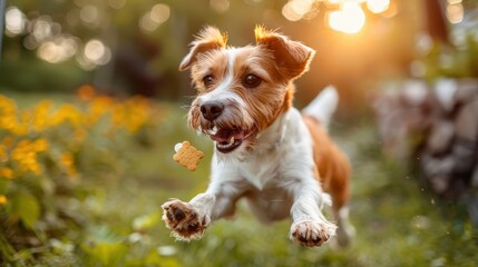 An energetic dog jumps to catch a treat in a vibrant green meadow, capturing the essence of joy, thrill, and playful interactions during a beautiful sunset.