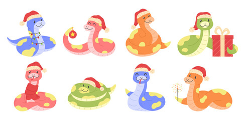 Fototapeta premium A set of cute cartoon Christmas snake characters isolated on a white background. Chinese New Year of the Snake 2025. The Year of the Snake.