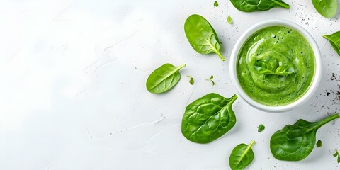 Obraz premium Overhead shot of a vibrant green smoothie garnished with spinach leaves on a white background. Concept Food Photography, Green Smoothie, Overhead Shot, Spinach Garnish, Vibrant Colors
