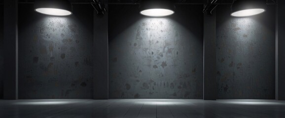 Obraz premium Empty vintage living room interior with spotlights bathing the bare wood walls