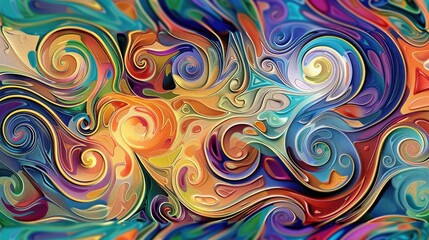 Fototapeta premium Abstract digital painting with vibrant swirls of color and intricate patterns, conveying a sense of movement and rhythm.