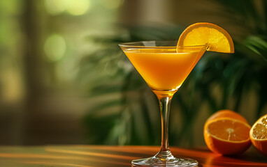 An orange juice cocktail in a martini glass.