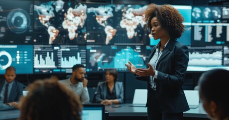 Confident businesswoman leading a presentation with global data in a modern conference room