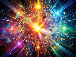 Obraz premium Vibrant explosion of light erupts in a kaleidoscope of colors, releasing splintered shards and sparkling particles that shimmer against a deep, mysterious dark background.