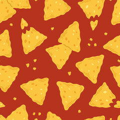 Seamless pattern with nachos snack in cartoon flat style on a red background. illustration background with traditional Mexican food.