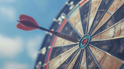 A dart hitting the bullseye of a dartboard. The bullseye represents a target, goal, or achievement. The blue sky in the background symbolizes success.