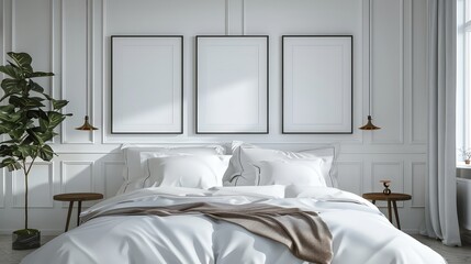 White hotel bedroom interior with bed and decoration. Mockup frame