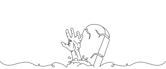 hand coming out of the tomb next to the tombstone, line art style. halloween vector elements