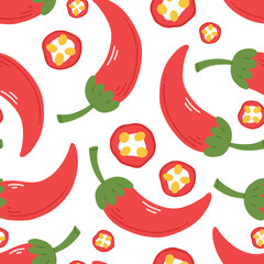 Seamless pattern with red peppers in cartoon flat style on a white background. illustration of a chili pepper background.