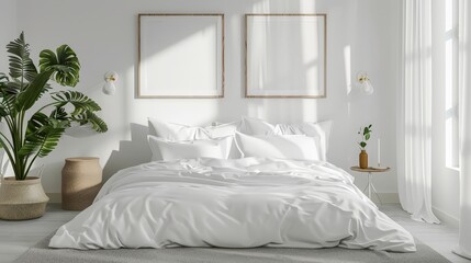 White hotel bedroom interior with bed and decoration. Mockup frame