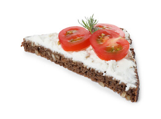 Delicious bruschetta with fresh ricotta (cream cheese), tomato and dill isolated on white