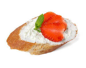 Delicious bruschetta with fresh ricotta (cream cheese), strawberry and mint isolated on white
