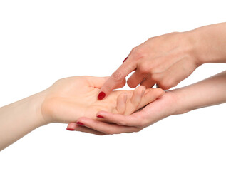 Fortune teller reading lines on woman's palm against white background. Chiromancy