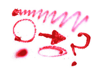 Different symbols made with red spray paint isolated on white, top view