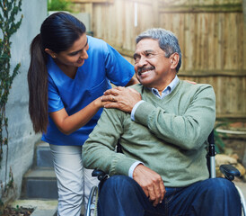 Kindness, care and elderly man with nurse for healthcare, support and outdoor in retirement home....