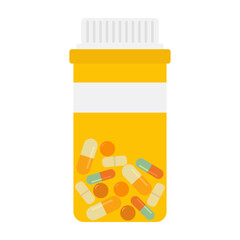 Various meds. Pills, capsules blisters, glass bottles with liquid medicine, plastic tubes with caps. Medication, supplements collection. Flat style object illustration