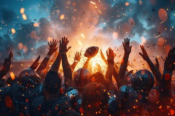 Football team celebrating victory, high-fives and joy, focus on, victory theme, dynamic, double exposure, field backdrop